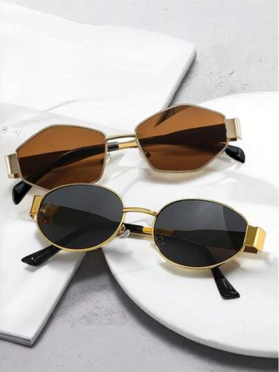 2 pièces Lunettes de style rétro bohème à monture métallique ovale et losange, populaires en Europe et en Amérique. Convient pour un usage quotidien, les voyages et les tenues de plage pour hommes et femmes en été