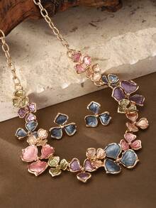 Cring Coco 2pcs Women Jewelry Set, Zinc Alloy Bohemian Style Elegant Multicolor Flower Necklace & Earrings Set, Suitable For Daily, Party, Wedding, Festival, Mother's Day Gift - Flowers - View 11