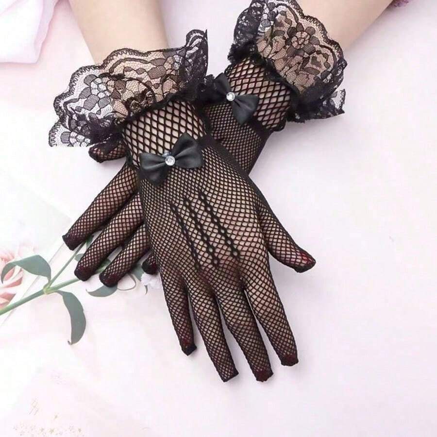 1 Pair Women's Elegant Tulle Gloves, Stretchy Breathable Soft Skin-Friendly Dressy Gloves, Versatile Fashion Outfit Accessories For Bride Wedding, Party, Club, Prom, Stage Performance & Photoshoot - Half Finger - Red - View 1