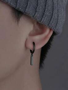 男士耳环一对，耳坠/耳夹式，简约时尚耳环，欧美风格男士吊坠耳环 - 黑色 - 查看 1