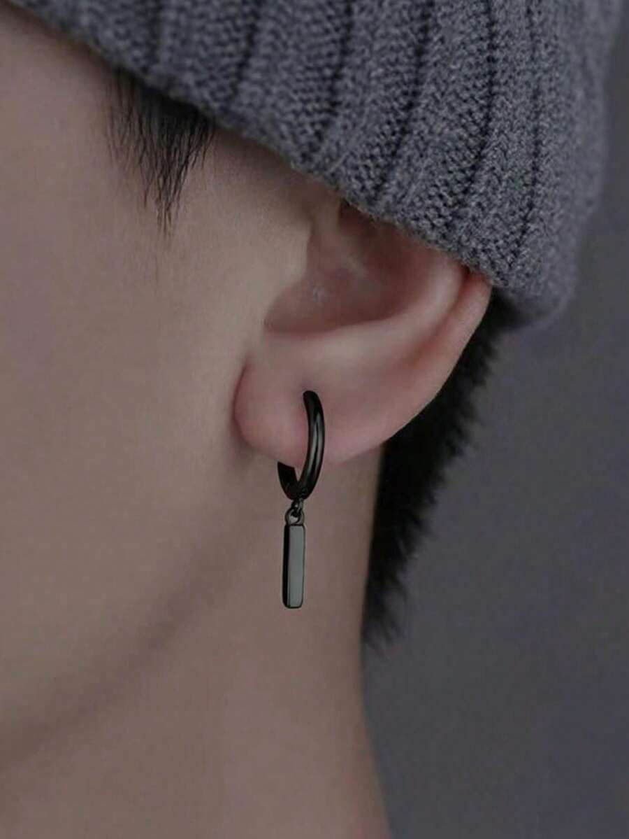 男士耳环一对，耳坠/耳夹式，简约时尚耳环，欧美风格男士吊坠耳环 - 黑色 - 查看 1