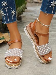 1 Pair Plus Size Women's Pearl & Rhinestone Studded Wedge Heel Thick Bottom Sandals, Shiny Rusty Brown Color, Elegant Ladies Summer Shoes Suitable For Daily Wear, Shopping, Party, Mother's Day Gift, Random Pattern - Rust Brown - View 6