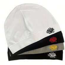 Cross-Border Synaworld Embroidery Hat Dopamine Color Casual Versatile Double-Layer Thermal Cover Cold Hat - Thêu đen trắng - Xem 1