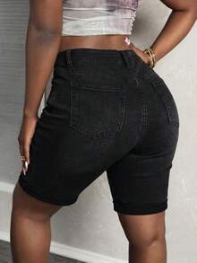 Quần short Bermuda denim đen rách dành cho nữ, ống đứng có túi, hoàn hảo cho trang phục thường ngày mùa hè. - màu đen - Xem 2