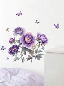 Pegatinas de pared con flores de peonía moradas y mariposas para dormitorio, sala de estar y baño, adhesivas, decoración floral y de plantas para el inodoro - Multicolor - Ver 2