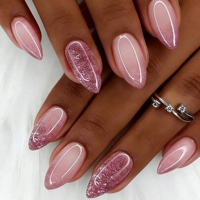 30pcs Almond-Shaped Short Pink Glitter Reusable Acrylic False Nails Set, Comes With 24pcs Nail Stickers And Mini Nail File