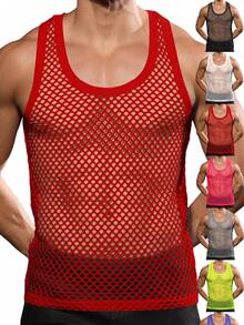 Runcati Men's Mesh Muscle Tank Tops Slim Fit Sleeveless Shirt - Breathable Gym & Beach Wear, Nightclub Party Summer Activewear - 紅色 - 查看 1