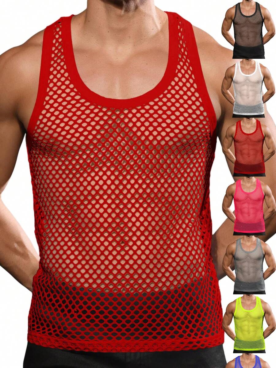 Runcati Men's Mesh Muscle Tank Tops Slim Fit Sleeveless Shirt - Breathable Gym & Beach Wear, Nightclub Party Summer Activewear - 紅色 - 查看 1