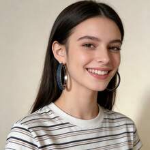 Blue Denim Textured Large Hoop Earrings For Women, Fabric Wrapped Oversized Circle Statement Earrings, Casual Jewelry - 藍色 - 查看 7