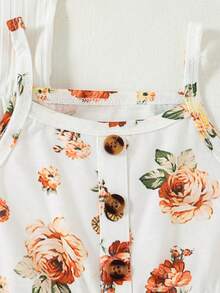 3pcs Young Girls' Fashion Solid Color Ribbed Floral Print Camisole & Pants Set - Multicolor - View 6
