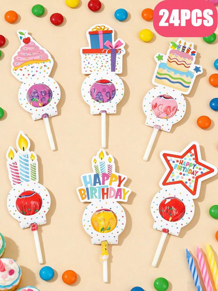 24个彩色蛋糕蜡烛图案棒棒糖装饰，生日派对棒棒糖礼品包装用品，棒棒糖卡片纸，糖果包装，糖果卡片礼品袋，生日派对小礼物，一周岁生日装饰，成人派对小礼物，生日派对用品，生日礼物，派对小礼物