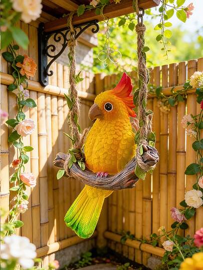Cute Resin Parrot Swing Decor, Lifelike Hand-Painted Bird Decoration, Suitable For Garden Fence, Patio, Balcony, Trees, Adds Charm To Outdoor Spaces, Garden Decor, Yard Art Hanging Sculpture