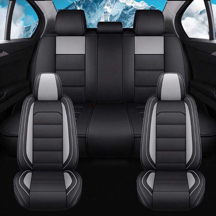 Car Seat Covers Full Set Waterproof Comfortable Car Seat Protectors Luxury PU Leather Car Seat Cushion Padded Front Rear Seats Covers Airbag Compatible Easy To Install Clean Universal Fit For Most Cars Sedans SUVs Hatchbacks (Black And Grey) - 黑色和灰色 - 查看 1