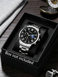 4pcs/Set Fashionable & Stylish Men's Quartz Watch Set, Including Multifunctional Quartz Watch (With Roman Numerals), Cuban Link Bracelet, Pendant Necklace And Silver Ring, Exquisite Design Showcasing Gentleman Taste. - Silver - View 22