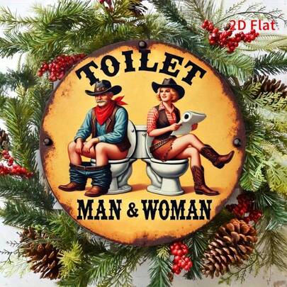 2D Flat Metal Wall Art - 8x8 Inch Vintage Western Theme "Restroom Men & Women" With Cowboy And Cowgirl Illustration, Suitable For Bar, Cafe, Office And Bathroom Country Decor, Unique Gift Idea, Cafe Decor | Vintage Western Design | Durable Metal Art, Western Wall Art (Random Hole Position)