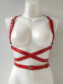 1pc Women's Elegant PU Leather Chest & Waist Harness Belt, Suitable For Streetwear, Commuting, Festivals, Parties, Halloween, Christmas Outfit Accessory - Red - View 4