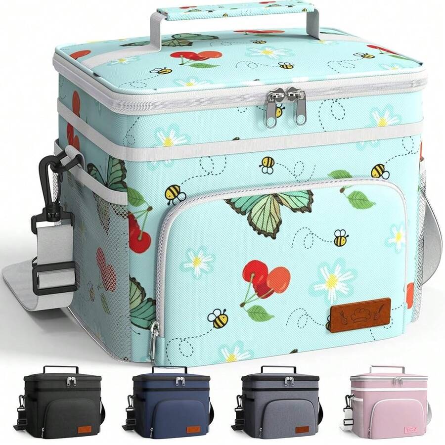 Insulated Lunch Box For Men & Women - Leak-Proof Cooler Lunch Bag With 4 Pockets, Adjustable Strap, Ideal For Work, Picnic, Travel - Medium, Gre1en Flower, 10.2\*6.9\*8.5\ - Gre1enFlower9L1Tier - Xem 1