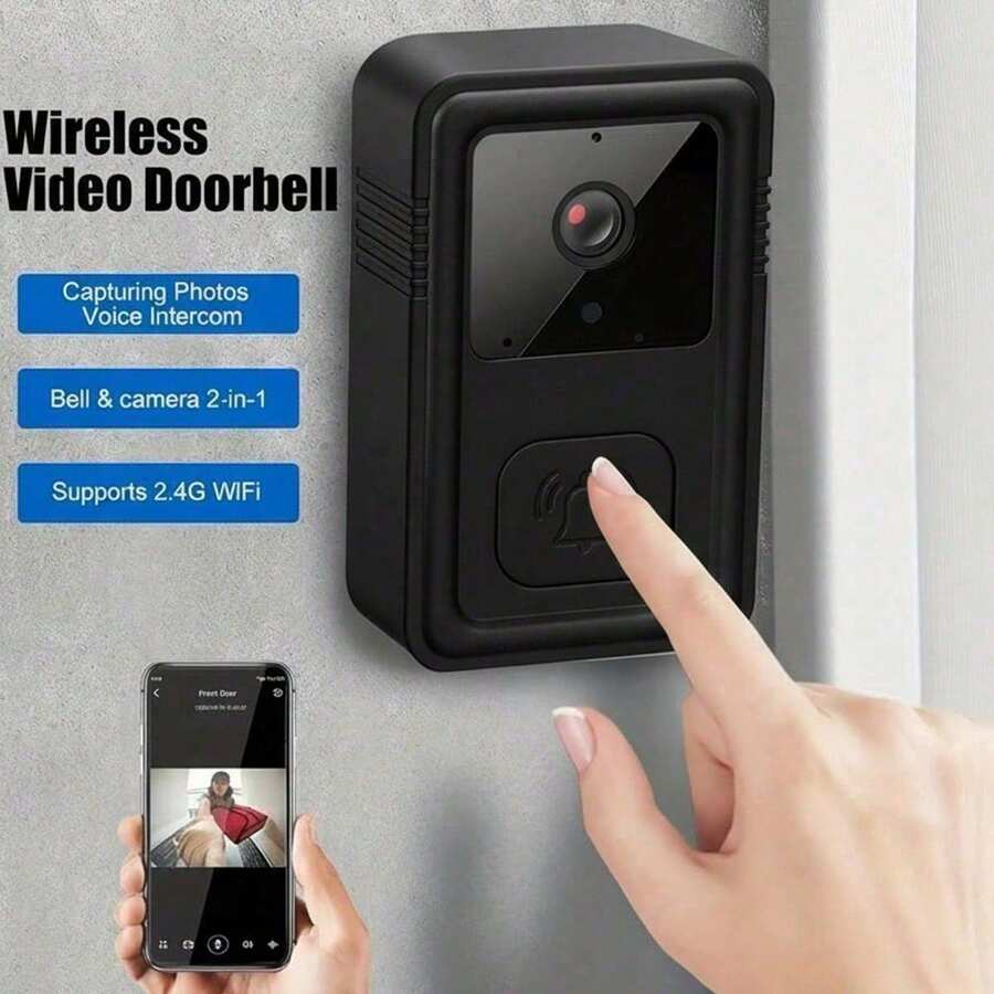 1个迷你WiFi视频门铃，带摄像头，无线智能手机控制，智能视频门铃，双向通话，拍照/录像，变声器，内置400mAh USB可充电电池