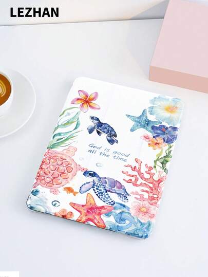 浅蓝色海龟海洋元素印花设计平板保护套，带笔槽，防摔，三折支架，兼容 iPad 10.2 英寸、iPad Pro 11（2021/2020/第十代）、(A16) 11 英寸（第十一代/2025）、第八/第九/第十代，以及三星 Galaxy Tab A8 10.5 英寸（2022），支持睡眠/唤醒功能，是送给孩子/家人的礼物，也是浪漫的个性化礼物之选。