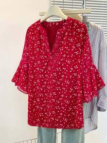 Áo kiểu nữ cỡ lớn in hoa nhí bằng vải chiffon, viền bèo nhún, tay lỡ 3/4 và cổ chữ V mềm mại – Kiểu áo thanh lịch, thoải mái cho công sở, mùa xuân, hè, thu và kỳ nghỉ (màu đỏ). - Đỏ - Xem 7