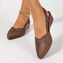 新款春秋季法式粗跟尖头中跟鞋，低鞋面舒适耐穿女式工作鞋 - 棕色 - 查看 9
