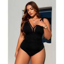 Plus Size Swimsuit For Women Tummy Control - Ribbed V Neck Ruched Bathing Suit; Comfortable & Flattering Swimwear For Curvy Women; Swimsuits For Beach, Pool, Vacation - Multicolor 1552 - View 1