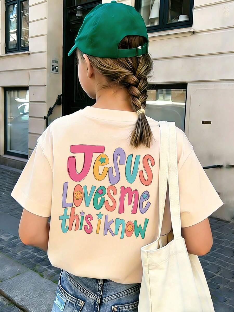 Teen Girl Casual Funny Print Crew Neck Short Sleeve T-Shirt, Summer Top - Apricot - View 1
