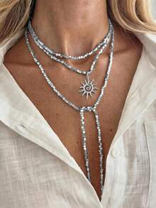 1 chiếc vòng cổ dài đính hạt mặt dây chuyền hình mặt trời tối giản, vòng cổ choker hạt vuông CCB và hạt gạo ngọt ngào dành cho nữ, phù hợp cho đi làm hàng ngày, đi nghỉ mát biển, hẹn hò, mua sắm, trang trí trang phục, tiệc tùng, lễ hội âm nhạc, món quà tốt nhất dành cho phụ nữ vào ngày Valentine, kỷ niệm (Chất liệu nhựa CCB không phải kim loại, vui lòng cân nhắc kỹ trước khi mua). - Vàng - Xem 5