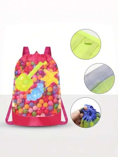 2pcs Summer Beach Mesh Large Capacity Storage Bag, Polyester Drawstring Travel Backpack