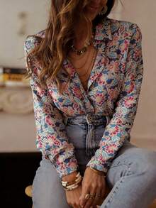 新款女士休闲波西米亚风印花长袖衬衫 - 多色印花纽扣优雅衬衫，适合日常休闲、度假、正式场合、通勤，百搭时尚，也适合婚礼、春季派对等场合。 - 水鴨藍 - 查看 6