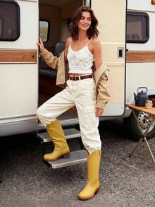 Women's Modern Knee High Boots With Vintage Western Stitching Comfortable And Versatile Tall Boots Low Heel Motorcycle Boots - 黃色 - 查看 4