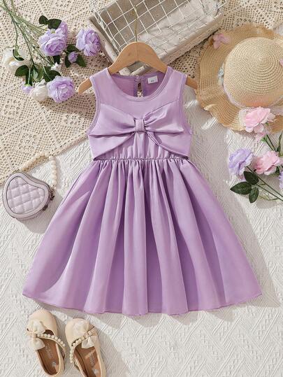 Summer Casual Dress For Young Girls, Purple Bow Decor, Sleeveless Backless Halter Dress, Fashionable & Elegant Girls Party Dress, Suitable For Party, Wedding, Performance