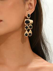 1对女士奢华复古风金色锤纹黑色宝石长款垂坠耳环，夸张个性耳环，适合派对和晚宴佩戴 - 金黃色 - 查看 2