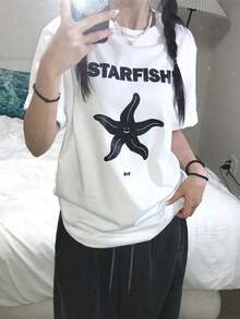 Minimalist. 100% Cotton. 1pacY2K Cartoon Pentagram Print Short Sleeve T-Shirt For Women, New Summer Fashion, Loose Round Neck, Versatile Design, White Top - Relaxed Fit, Vintage Casual Style, Comfortable For Daily Wear, Unisex Short Sleeve Cotton T-Shirt. Spring Summer Top - 白色 - 查看 4