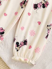 Disney 女婴可爱米妮爱心印花泡泡袖睡衣套装，女婴柔软针织弹力腰长裤睡衣 - 杏色 - 查看 7