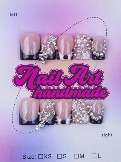 10pcs/Set Handmade Square Nail Tips With French Edge, Bow, Flower, Bead Elements, Y2K Baddie Style, Nude & Black Color, Suitable For Party, Wedding, Daily Wear, Includes Tool Kit, Great Gift For Women & Girls Nails Nail Supplies Handmade Press On Nails