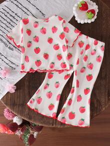 2pcs Baby Girls Cute Strawberry Pattern Short Sleeve T-Shirt + Pants Set, Lightweight Summer Pastoral Style - Apricot - View 2