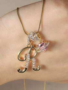 1pc Cubic Zirconia Heart-Shaped Necklace With 26 English Alphabet Design, Classic Vintage Pendant Necklace, Suitable For Daily Wear Or Gatherings, Perfect For Valentine's Day Gift - 金色 - 查看 3