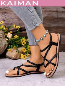 1 par de sandalias planas de moda para mujer, sandalias planas de verano con banda elástica tejida de cuero sintético para playa y vacaciones - Negro - Ver 4