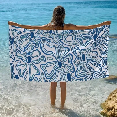 1条简约现代抽象波浪花卉印花沙滩巾/浴巾，单面印花，速干超柔软纤维沙滩巾，防晒披肩，瑜伽垫，便携式假日沙滩泳池运动毛巾，亲肤柔软礼品毛巾，轻便浴室沙滩巾