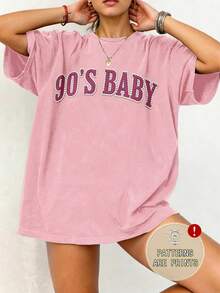 Damen Lässig Rundhalsausschnitt Bequemes Oversize "90s Baby" Bedrucktes T-Shirt, Reguläre Länge Kurzarm Rundhalsausschnitt Top, Weicher dehnbarer Lässig Stoff Pink Sommer - Pink - Übersicht 1