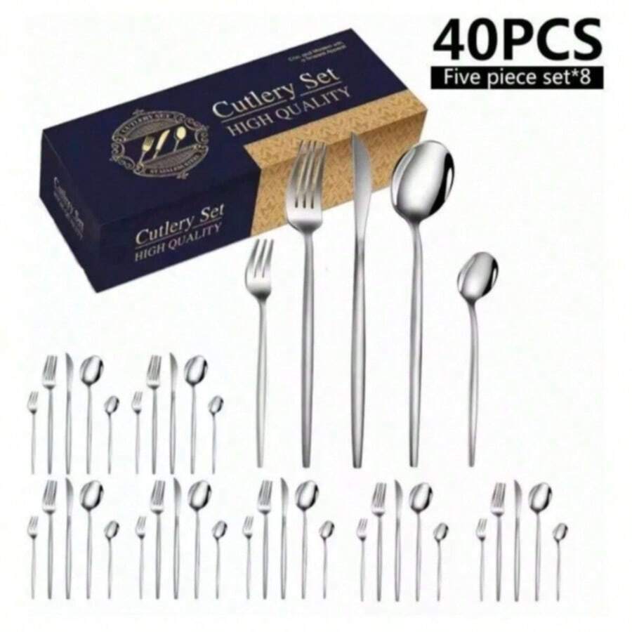Juego de Cubiertos de Acero Inoxidable 40 Piezas Cuchara Cuchillo Ideal para Reuniones Familiares y Uso Diario Aptos para Lavavajillas - Plateado - Ver 1