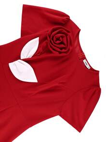 Elegant Red Mid-Length Mermaid Hem Bodycon Dress, 3D Rose Ruffle Short Sleeve Round Neck, Suitable For Summer Gala, Party, Mother's Day Wedding Spring - Red - View 5