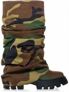 Women's Platform Round Toe Mid Calf Boots With Chunky Heel - Camo-style-blue - View 3