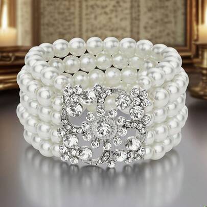 1 chiếc / Vòng tay ngọc trai năm hàng kiểu thập niên 1920 - Thủy tinh - Phụ kiện dự tiệc, khiêu vũ, phong cách châu Âu dành cho nữ.