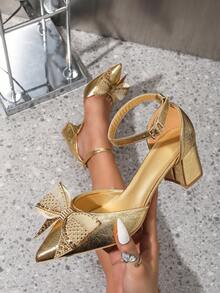 Mẫu giày cao gót mũi nhọn thời trang xuân/hè mới về dành cho nữ, kiểu dáng khoét rỗng, gót dày, đính đá vàng và nơ, sandal thoải mái. - Vàng - Xem 1