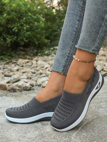 女士春夏网面休闲鞋，软底轻便透气步行运动鞋，纯色乐福鞋 - 深灰色 - 查看 3