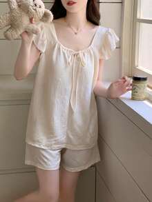 2pcs Spring/Summer New Square Neck Camisole & Shorts Pajama Set, Casual Solid Color Comfortable Sleepwear, Loungewear | Cute Pajama Set | Easy Care Fabric - Champagne - View 1