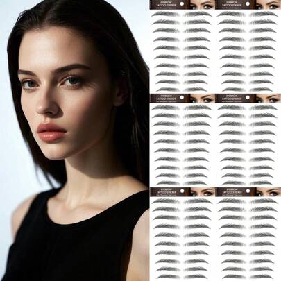 6 Sheets 60 Pairs Black 4d Hair-Like Waterproof Eyebrow Tattoos Stickers Transfers Temporary Brow Tattoo Peel Off Grooming Shaping Sticker In Arch Style