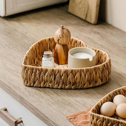 1个/3个装 小号/中号 波西米亚风心形水葫芦编织托盘，装饰性草编托盘，适用于厨房台面和餐桌